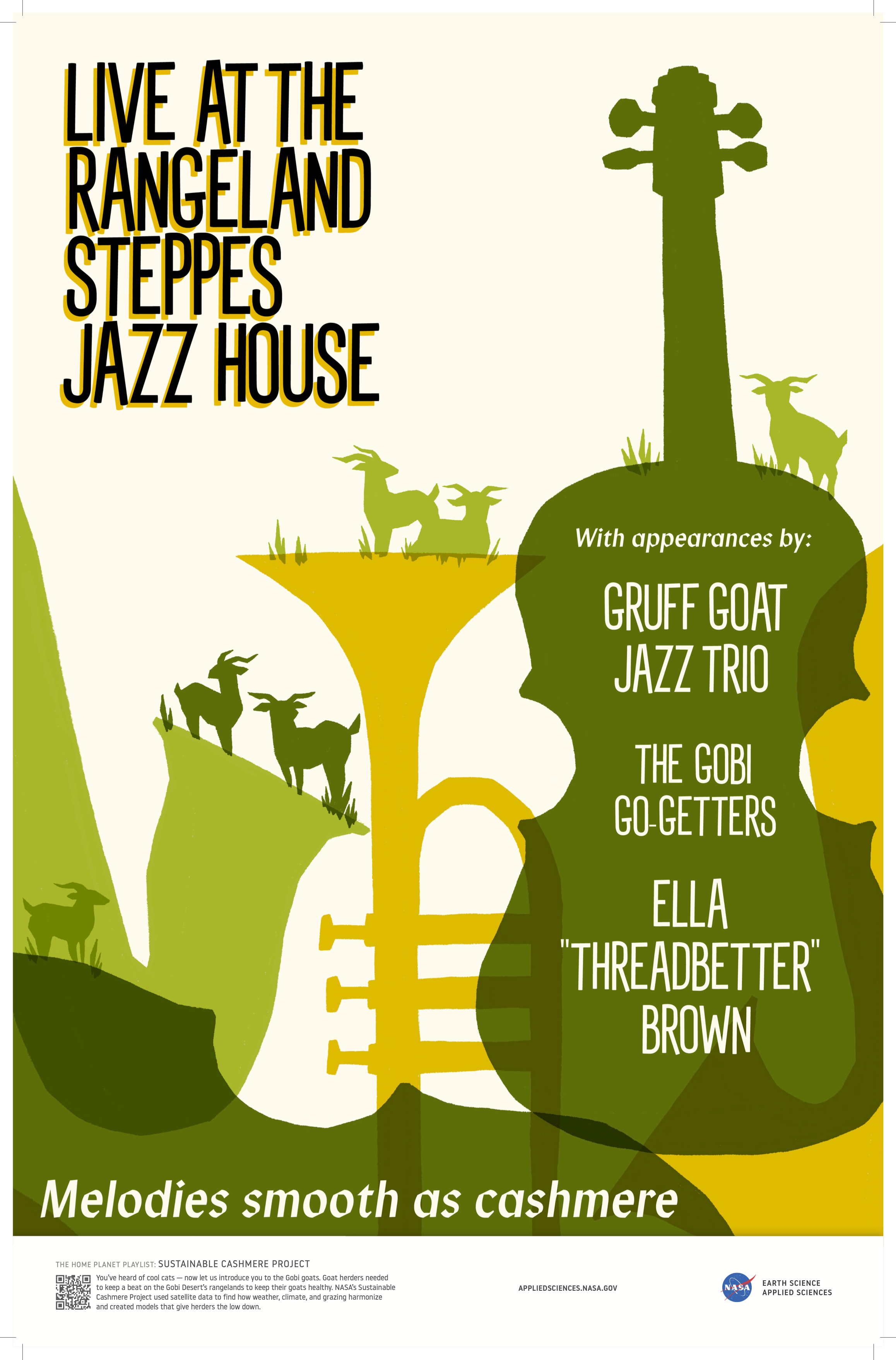 Vibrant illustrated poster with goats standing on top of jazz instruments including a saxophone, trumpet, and cello. Text reads: Live at the Rangeland Steppes Jazz House.