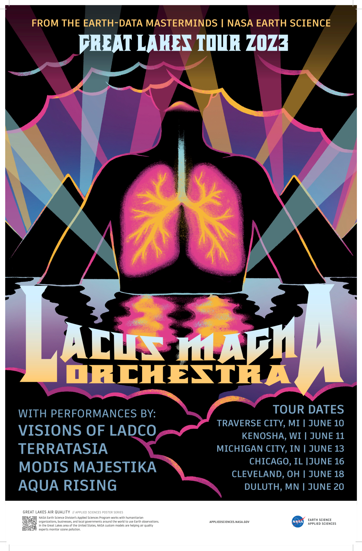 Colorful illustration of a body reflected as it rises out of a lake, with colorful lungs and rays of light radiating out to the clouds. Text reads Lacus Magna Orchestra, Great Lakes Tour 2023.