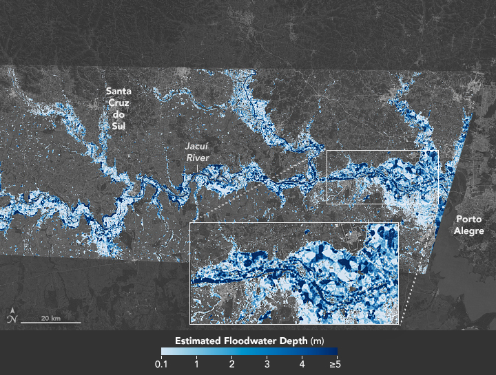 This map shows estimates of flood depth in areas west of Porto Alegre, Brazil, on May 6, 2024. The darkest blue areas are where floodwater that day was at least 5 meters deep. 