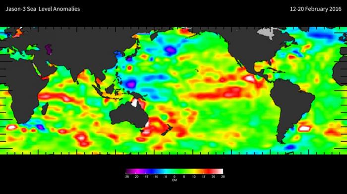 Image depicting Jason-3 sea level anomalies February 12-20, 2016.