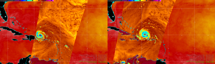 Horizontal image over Cat-5 Hurricane Irma from approx 0548 UTC  (left) and 1112 UTC (right) 7 Sep 2017.