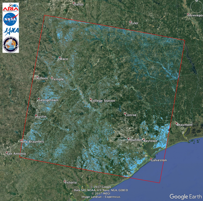 Image is a screenshot of the flood extent map created by the ARIA team at NASA-JPL/Caltech, derived from the ALOS-2 ScanSAR data acquired on 8/27/17 (~1:30PM Central Time) over Texas including Houston.