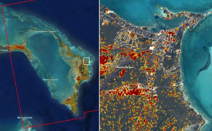 A damage assessment map derived from satellite data shows conditions on one island in the Bahamas on Sept. 2. Red and yellow areas are likely the most damaged. Credit: NASA-JPL, Caltech, Earth Observatory of Singapore. 