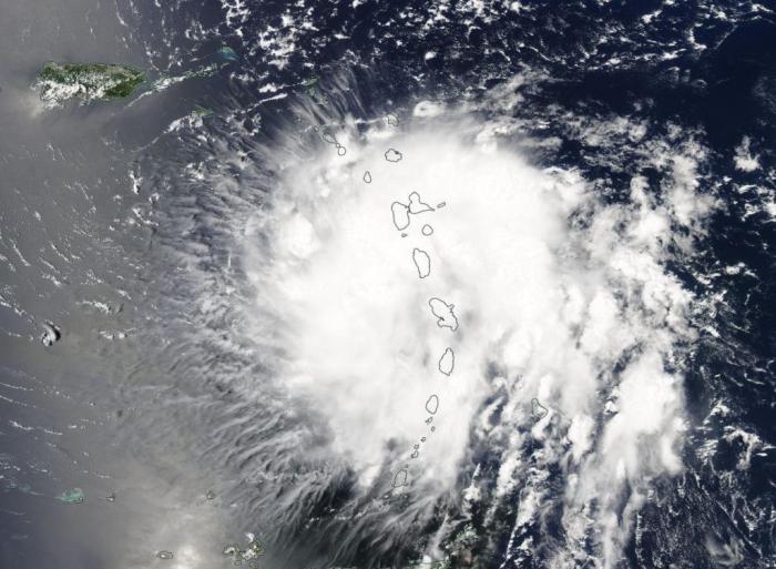 On Aug. 27 at 1:35 p.m. EDT (1735 UTC) the MODIS instrument aboard NASA’s Aqua provided a visible look at Tropical Storm Dorian as it moved over the Leeward Islands. Credit: NASA Worldview, Earth Observing System Data and Information System (EOSDIS)
