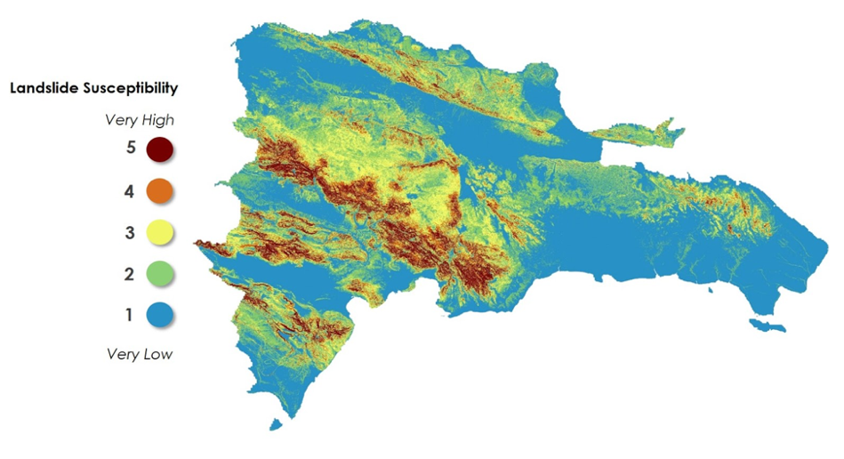 Map of the Dominican Republic showing the risk of landslides and likelihood