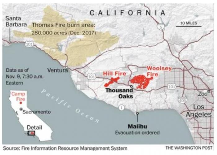 Map of active fires in California 