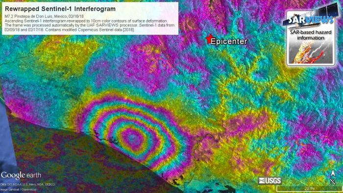 Image of Rewrapped Sentinel-1 Interferogram for the M7.2 Pinotepa de Don Luis, Mexico earthquake from Feb 16, 2018. 