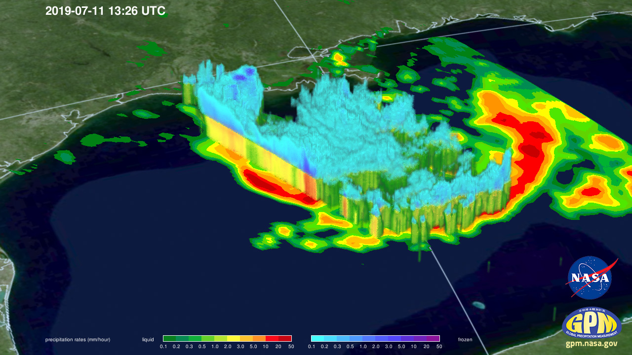 Image of 3D rainfall rates and cloud heights from GPM's Dual Frequency Preciptiation Radar
