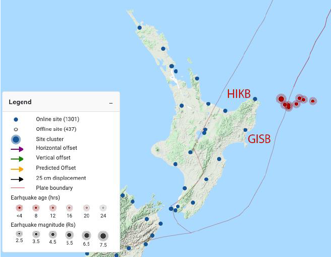 Location of GNSS stations (HIKB, GISB) that detected the March 2021 earthquakes near Gisborne, New Zealand. Credits: CMU, NASA, GNS Science in New Zealand