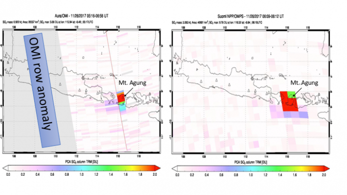 Image shows volcanic sulfur dioxide (VSO2) plume emitted from the eruption of Mt. Agung (Bali, Indonesia) and first captured by Aura/OMI and SNPP/OMPS UV spectrometers afternoon overpasses on November 26 2017