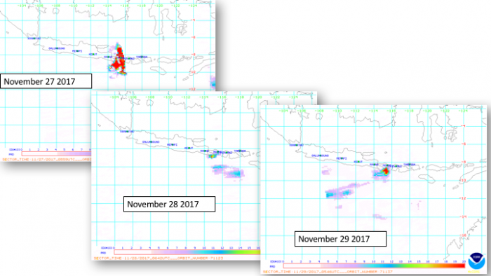 Image of shows NASA’s NRT OMI VSO2 maps for Agung eruption on November 27-29 integrated into NOAA/NESDIS-OSPO operational environment