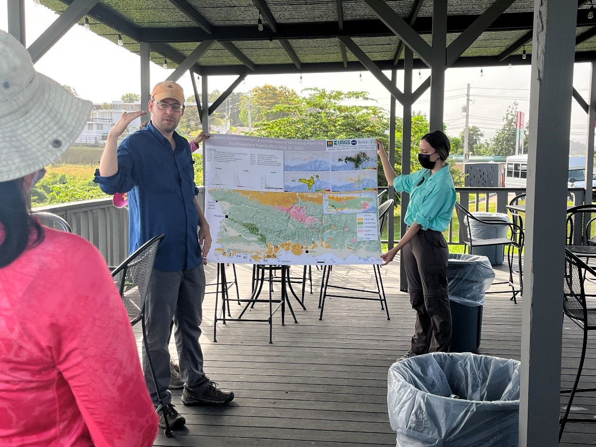 Associate Professor Stephen Hughes and M.Sc. student Tania Figuero from the University of Puerto Rico, Mayagüez, review the plan for the geological field trip in southwest Puerto Rico. Credits: NASA, Dalia Kirschbaum