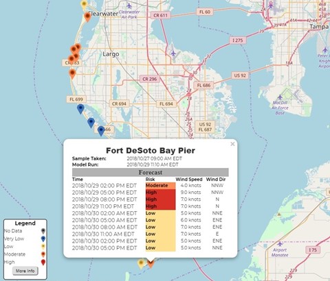 A screenshot of an interactive map showing red tide risk forecasts along Florida's Gulf Coast, with colored markers indicating risk levels from low to high near Fort DeSoto Bay Pier.