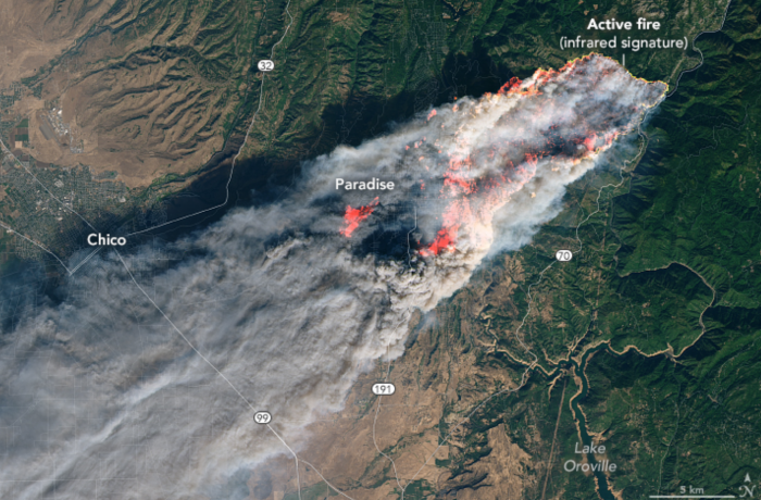 Image of Camp Fire in Paradise, California and surrounding areas.