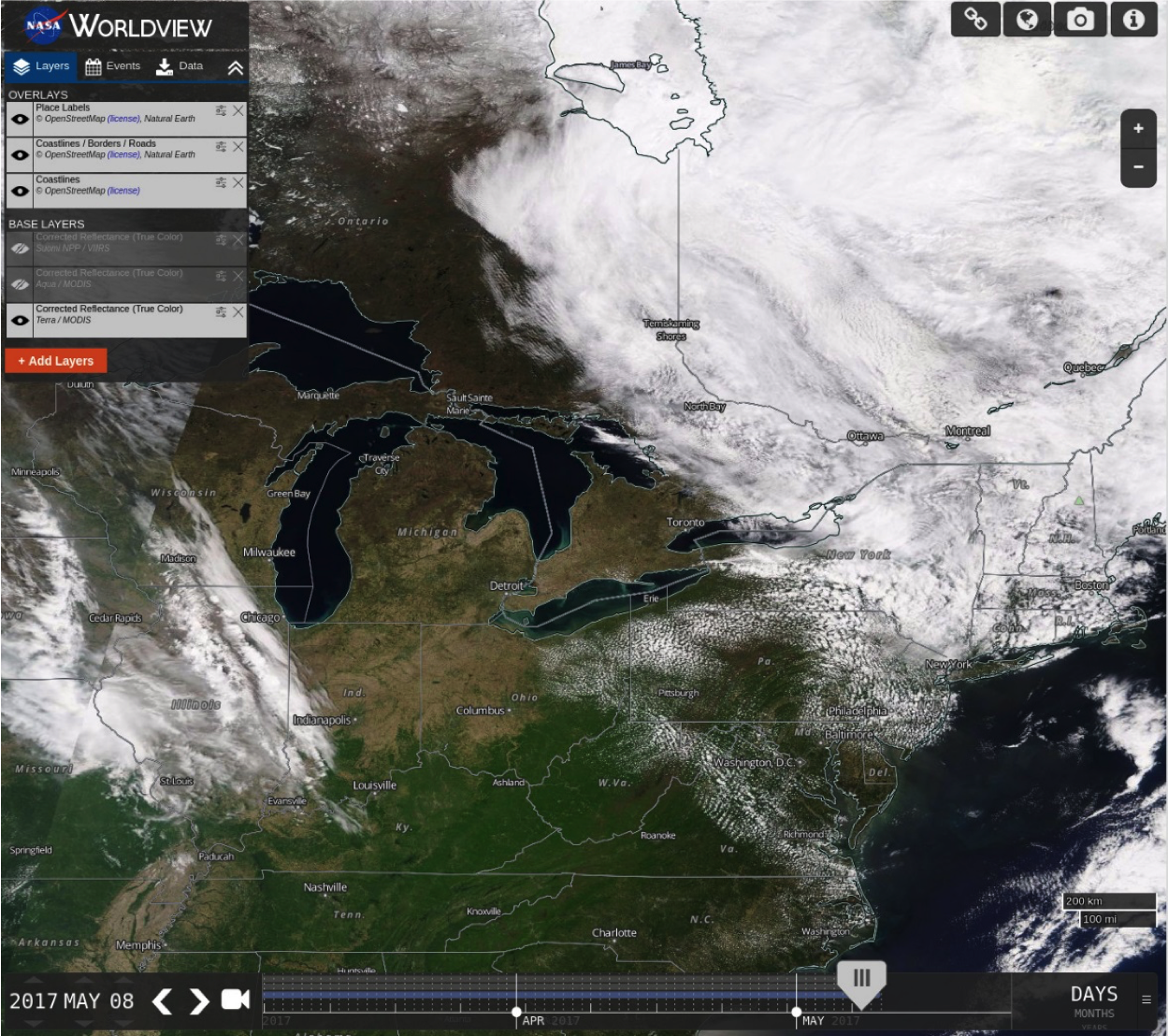 Image of overcast over much of eastern Canada