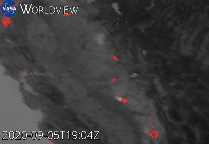This animation of satellite data from September 5th shows the location of fires in red as detected by the NASA/NOAA Suomi-NPP VIIRS instrument, and the spread of the smoke plume in blue and green, as detected by the NOAA GOES-East satellite. Credits: NASA Worldview, Jean-Paul Vernier (NASA LaRC) 