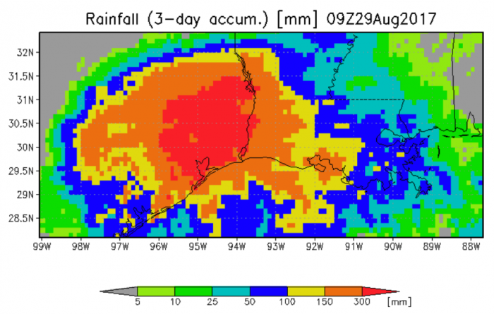 image of Satellite-based rainfall (GPM IMERG) from now Tropical Storm Harvey over the last three days compares fairly well with raingauges, except for peak values.