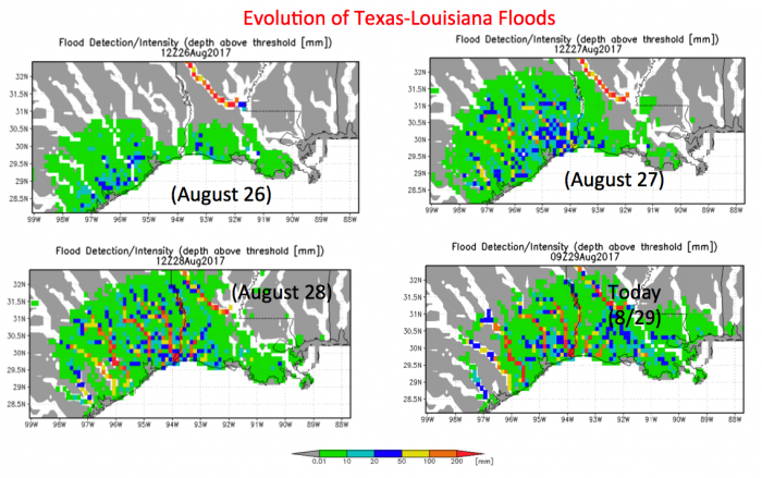 images of Flood estimates from GFMS using IMERG input show evolution of flooding over the last few days, with expansion from Houston area to southeastern Texas and Louisiana. 