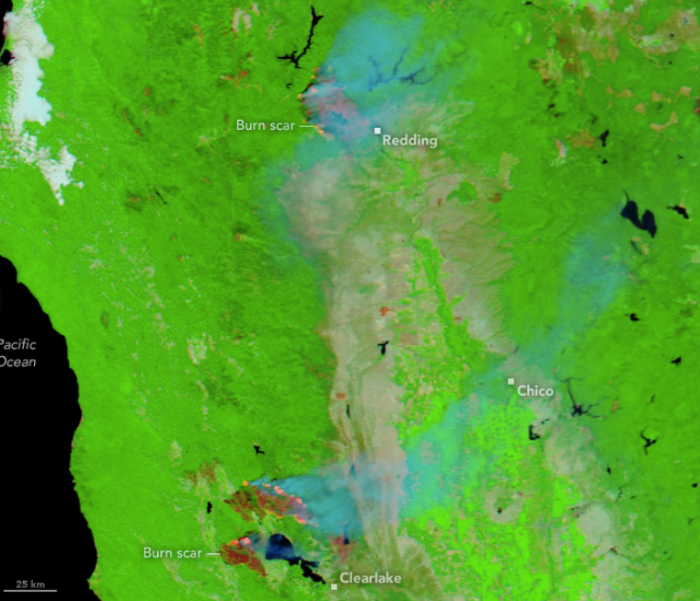Image of Carr Fire and Mendocino Complex using false-color.