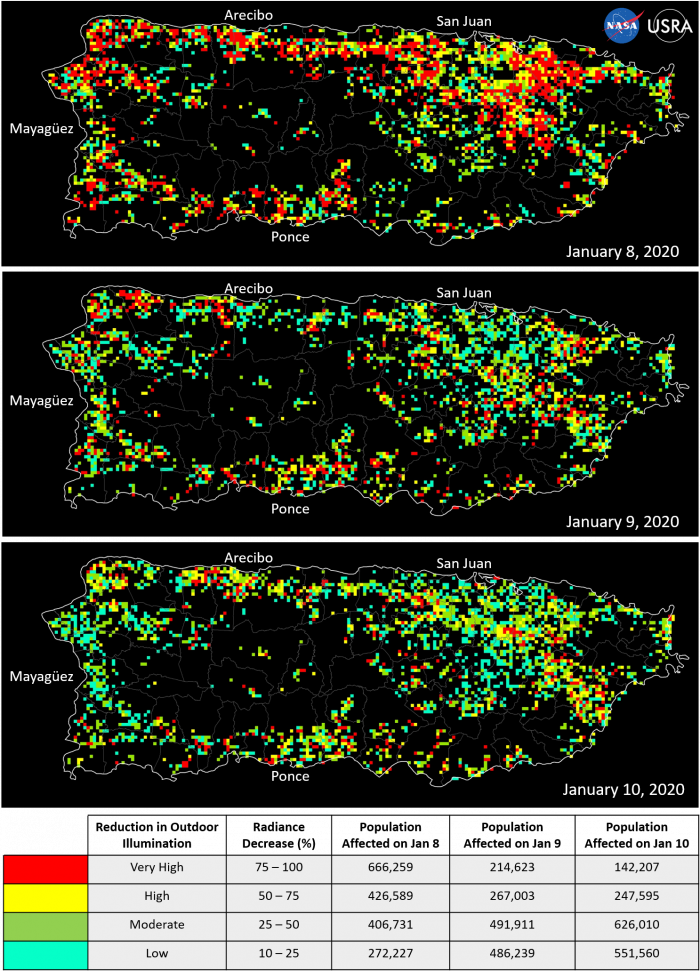 Preliminary assessment of outdoor illumination conditions before and after the 6.4 magnitude earthquake that rocked Puerto Rico on January 7. The first map from January 8th tracks the initial outages after the earthquake, while the January 9th and 10th ma