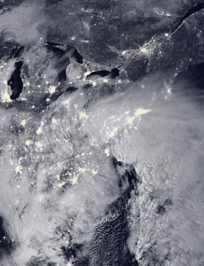 Satellite image of the 2016 Blizzard by Moonlight in the eastern United States.