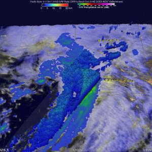 This IMERG image from Feb. 17 at 21:03 UTC (4:03 p.m. EST) shows a long plume of mostly moderate rain (green areas) streaming northward into the coast around Los Angeles in association with this second surge.