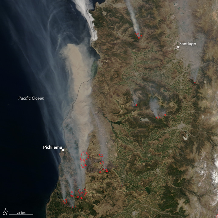 image of brown smoke billowing from a cluster of fires near the coastal city of Pichilemu