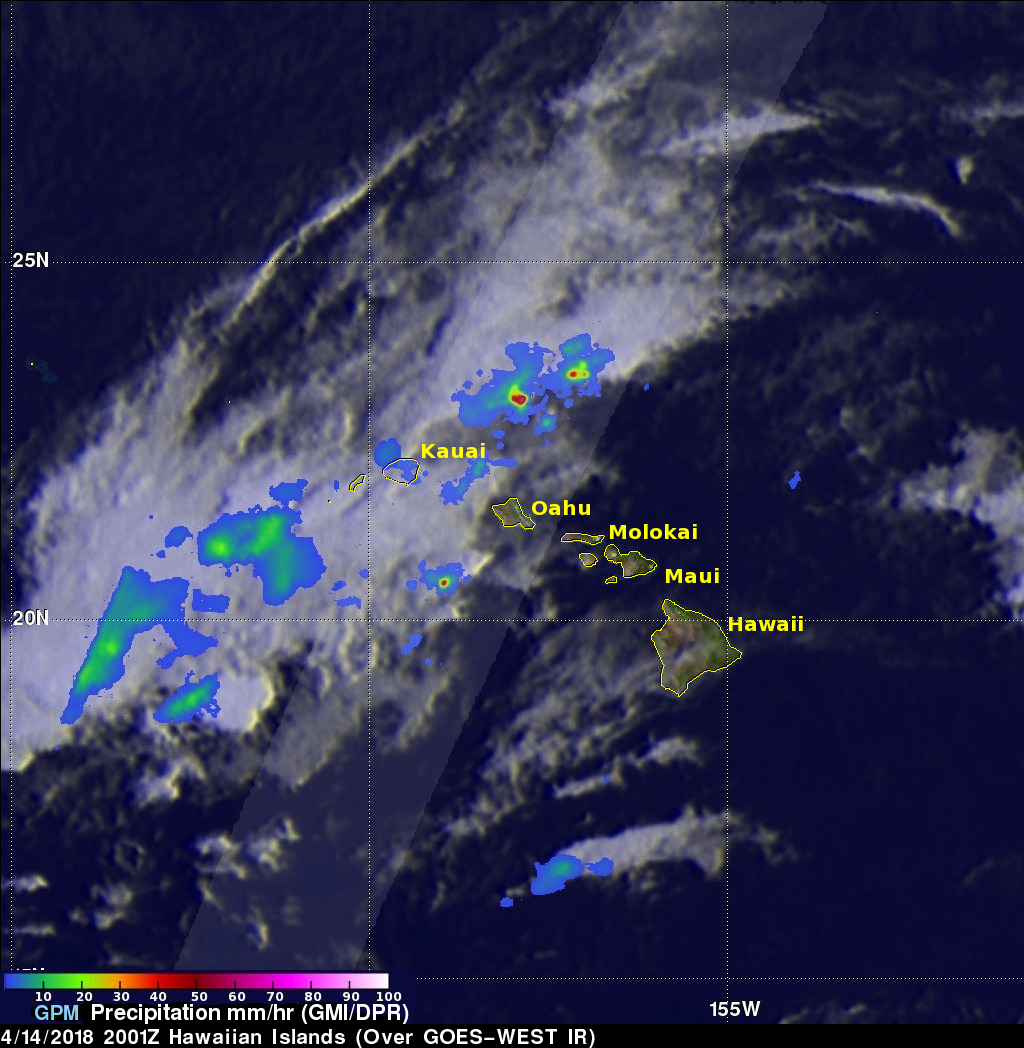 GPM microwave imager data of heavy rainfall in Hawaii on 4/14/18.