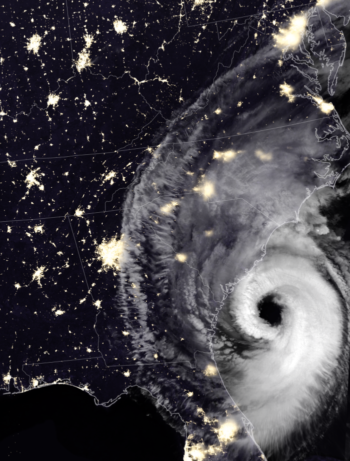 The Visible Infrared Imaging Radiometer Suite (VIIRS) on the Suomi NPP satellite captured this nighttime composite image as the storm approached the coast at 3:42 a.m. Eastern Time (07:42 UTC) on September 5, 2019.  Credit: NASA Earth Observatory