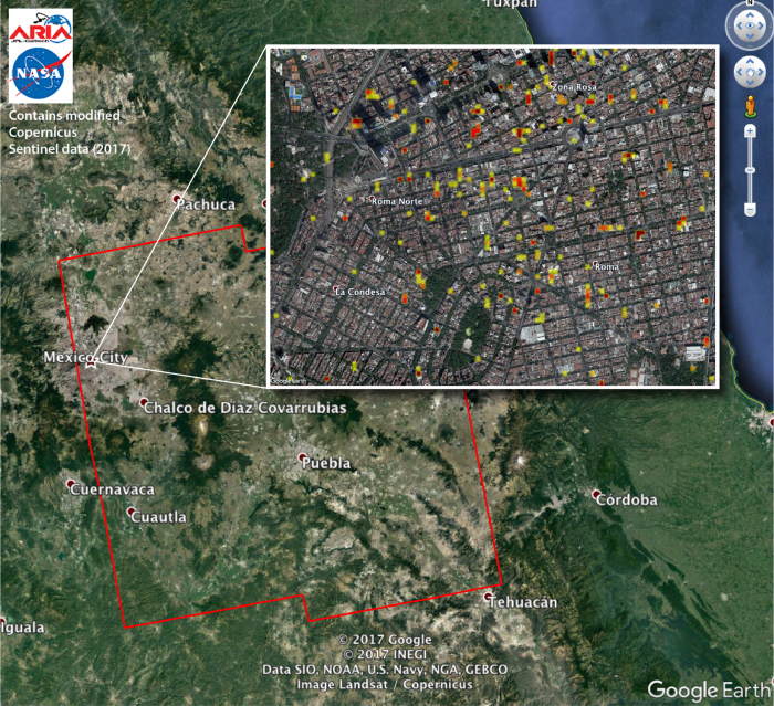 Google map image of the ARIA Damage Proxy Map of the M7.1 Raboso Mexico Earthquake