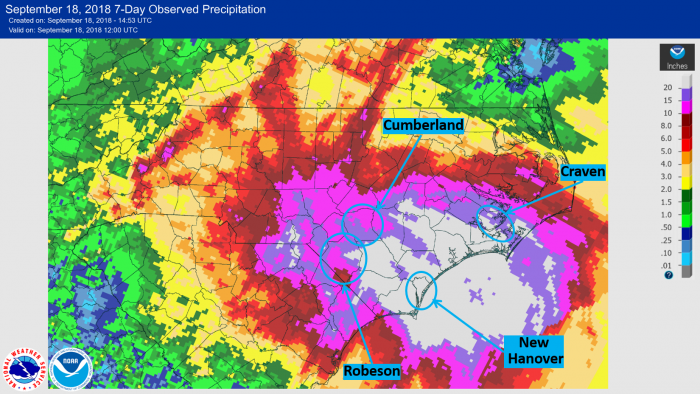Image depicting seven day rainfall precipitation density map across parts of North Carolina and South Carolina 