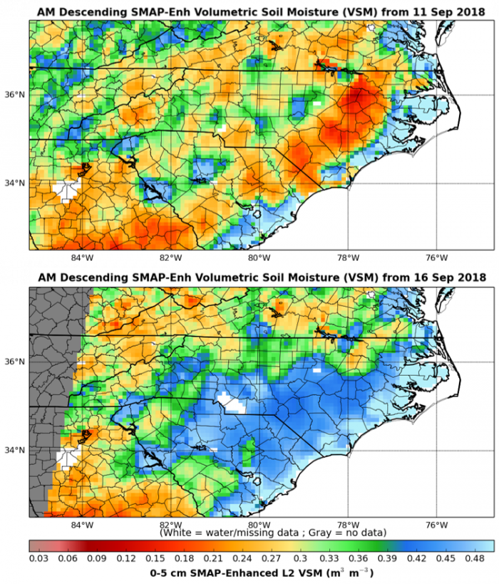 Image of soil moisture retrievals before and after Hurricane Florence from NASA’s Soil Moisture Active Passive (SMAP) mission