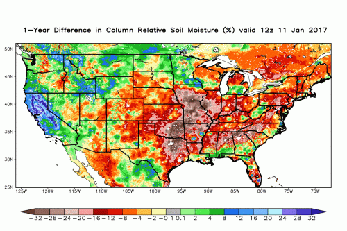 Map of one-year change in the SPoRT-LIS total column relative soil moisture