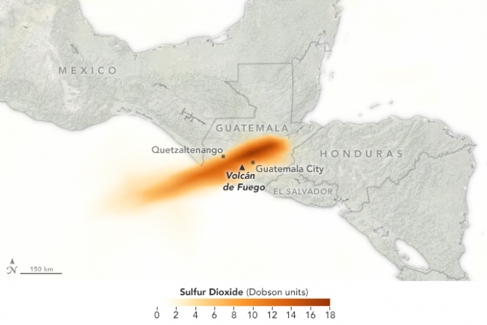 Image of the sulfur dioxide of Volcán de Fuego volcano in Guatemala