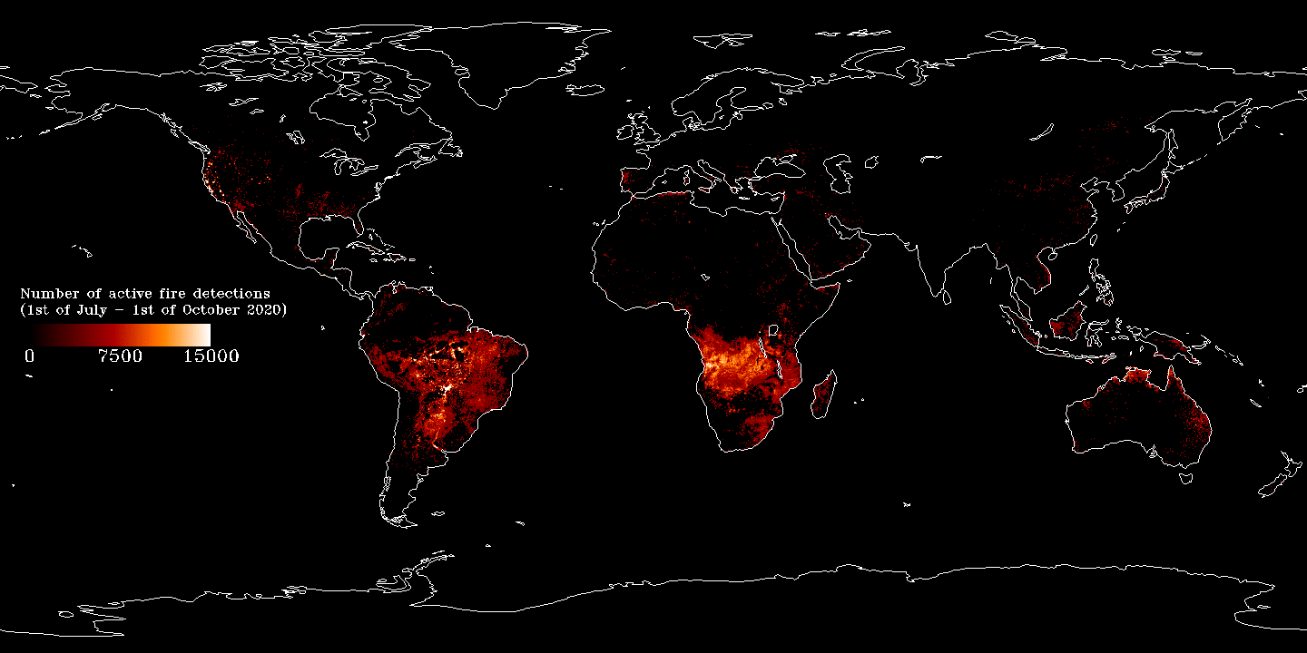 Total number of active fire detections for the summer validation period (07/01/2020 – 10/01/2020) derived from the Harmonized Geostationary satellite products. The harmonized gridded product can be used to monitor hourly, daily, seasonal, and annual fire activity. Credits: NASA/University of Maryland/NOAA