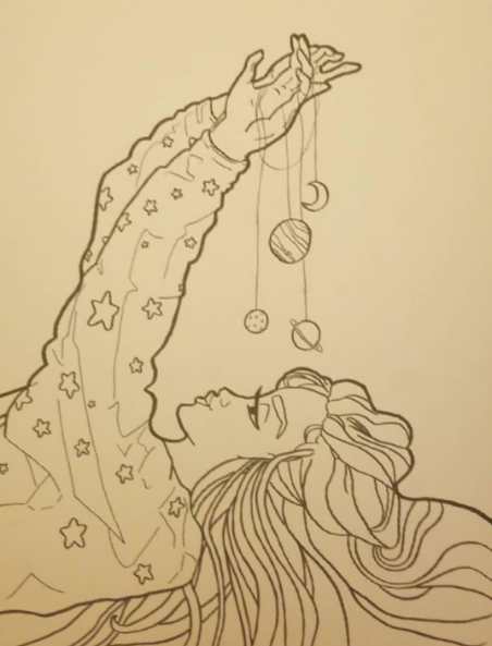 A black and white pencil drawing of a girl wearing a star sweatshirt laying down, with her arms extended. She holds a string over her face with planets and moons hanging off of the string like a mobile.