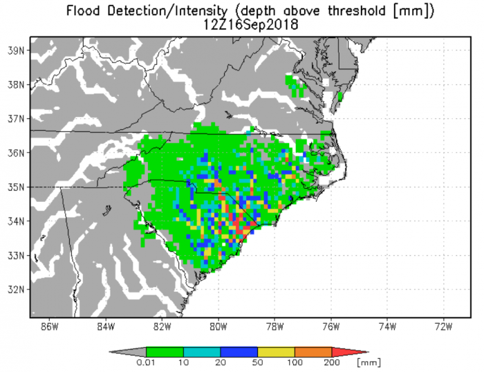 Image of GFMS flood detection and level of intensity evaluation during Hurricane Florence.