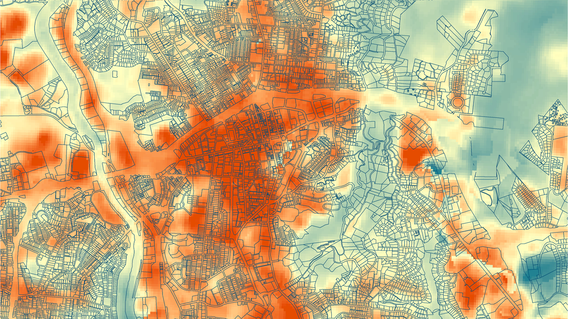 2018 summer median Land Surface Temperature (LST) derived from Landsat 8 Raw Scenes using Google Earth Engine. A section of Asheville is displayed. Red indicates areas with higher LST, and blue represents lower LST. Visualizing which communities are most vulnerable to urban heat allows the Asheville Urban Forestry Commission to make decisions about tree planting and preservation. Displayed over the LST are US census parcels outlines, available from http://us-city.census.okfn.org/dataset/parcels.  Keywords: urban heat, land surface temperature, landsat, census data