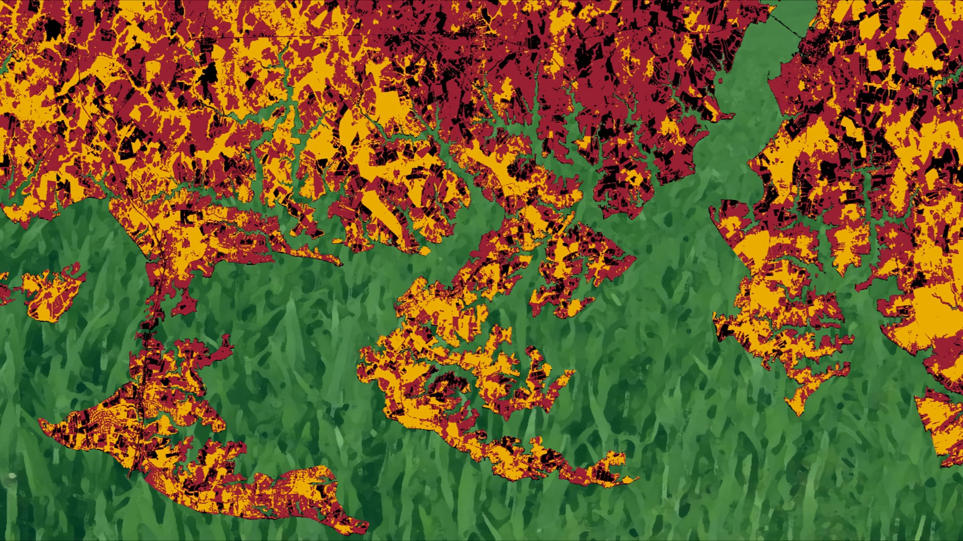 Imagery displaying Normalized Difference Vegetation Index (NDVI) values calculated from 2018 Landsat 8 OLI data and cropped to a subset of Eastern Maryland bordering the Chesapeake Bay. Black areas correspond to regions of low vegetation density, red to medium vegetation density, and yellow to high vegetation density. Within agricultural regions, low NDVI may indicate areas in which local stakeholders could commit additional resources. Water has been replaced with a stylized cover crop image (green).