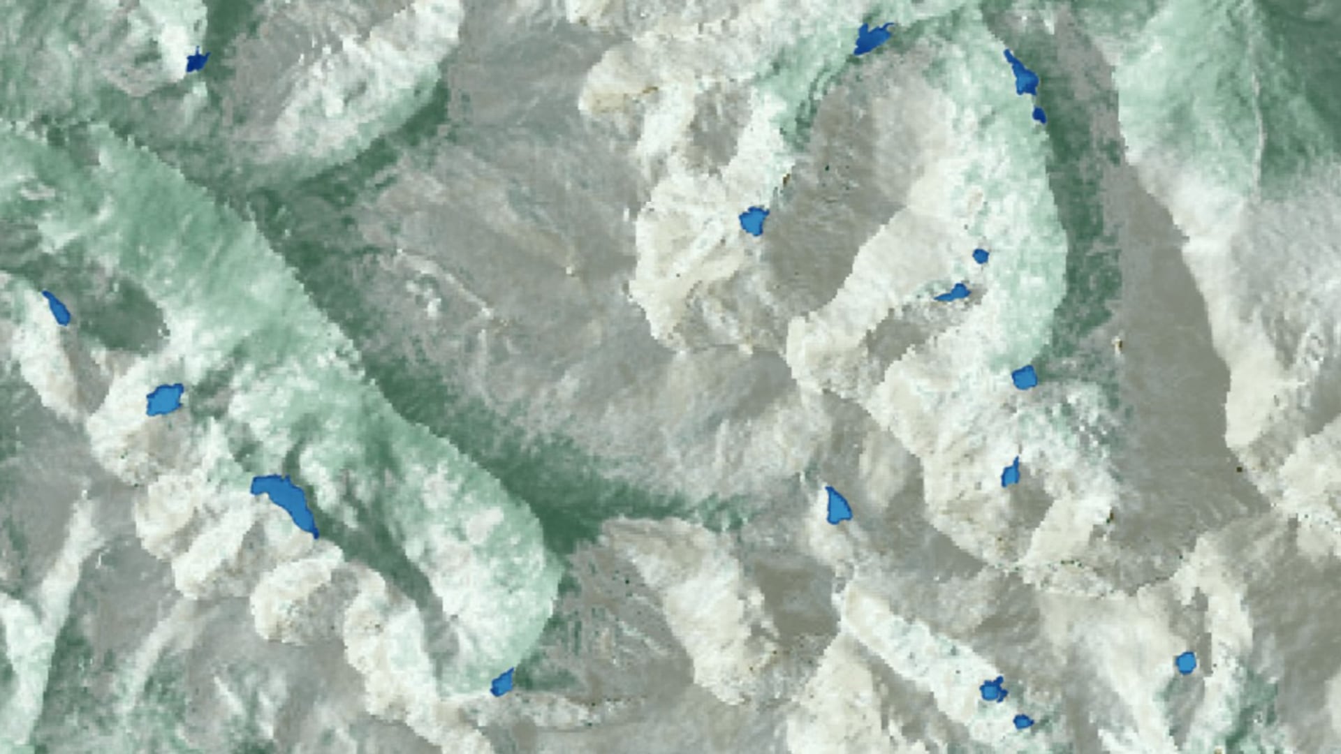 Using a Landsat 8 OLI image from September 2018, a chlorophyll-a index ((B2 - B4)/ B3) was applied over several lakes in a section of Rocky Mountain National Park. The background is NDVI combined with hillshade derived from SRTM. The dark blue within the lakes may represent higher concentrations of chlorophyll-a, a proxy for algal productivity. Utilizing remote sensing data will allow researchers to efficiently monitor water quality in lakes throughout the mountains in Colorado.