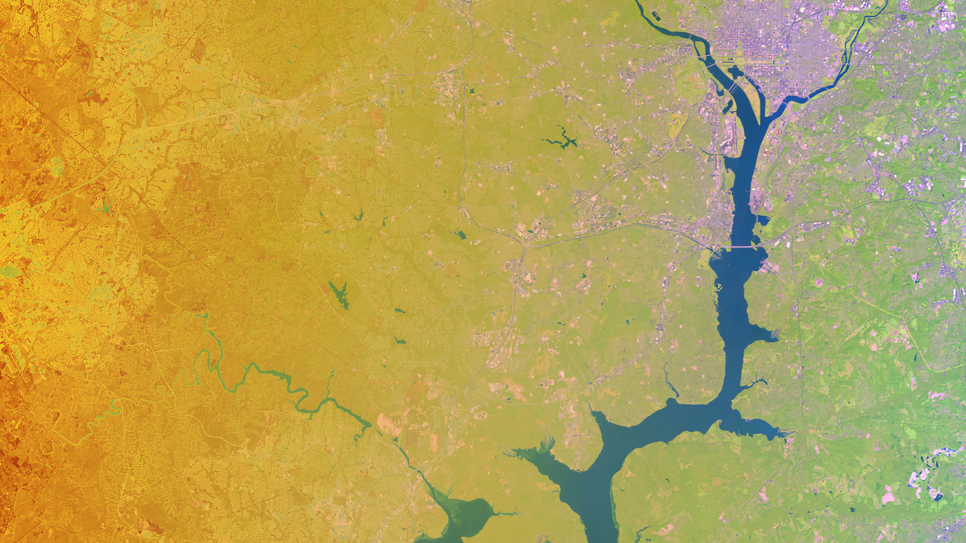 NDVI-processed imagery using Lansdat 8 data (2020), blended with a true color band combination (4,5,6). Fairfax County located in east Virginia is displayed. The NDVI highlights vegetation and impervious surfaces which were utilized for flood susceptibility modeling.  Keywords: NDVI, Urban Tree Canopy, Impervious Surface, Susceptibility