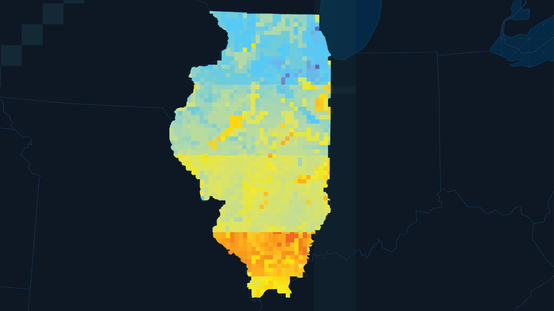 Soil moisture values in Illinois, USA, are displayed in each grid cell through processed SMAP L-Band Surface and Root Zone Moisture Level 4 data. Each segment of the state outline (top to bottom) represents daily soil moisture averages collected on a quarterly interval in 2020. Red values indicate low soil moisture, while blue values indicate high soil moisture. Low soil moisture can inform periods of drought, an important consideration for water resource budgeting.  Keywords: SMAP L-Band, soil moisture, NOAA, Illinois Climate Network, ESRI, Joshua Green, Julia Marturano, Emma Myrick, Kyle Pecsok, Victor Schultz
