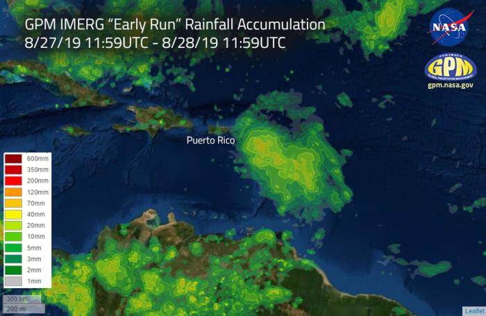 This image shows estimated rainfall accumulations for the region affected by Hurricane Dorian over the 24 hour period of Aug.27 11:59 UTC to Aug. 28 11:59 UTC. 