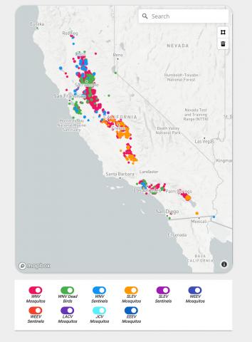 Map of viruses in California including West Nile virus (WNV), Saint Louis encephalitis virus (SLEV), Western Equine Encephalitis virus (WEEV), La Crosse encephalitis virus (LACV), Jamestown Canyon virus (JCV) and Eastern Equine Encephalitis virus (EEEV).