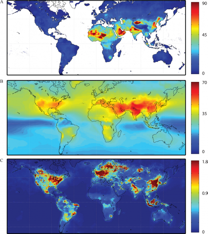 Pollutant concentrations used to estimate asthma impacts. (A) PM2:5 concentrations in 2015, (B) Ozone concentrations in 2015; and, (C) NO2 concentrations in 2015. Red indicates higher levels; blue indicates lower levels.