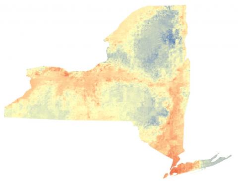 NASA satellite data provide a more detailed measure of local temperature variations across geographic areas with ground-based weather monitors. This image shows the maximum air temperature across New York State estimated using temperature data products from the NASA-sponsored North American Land Data Assimilation System. Credits: New York State Department of Health