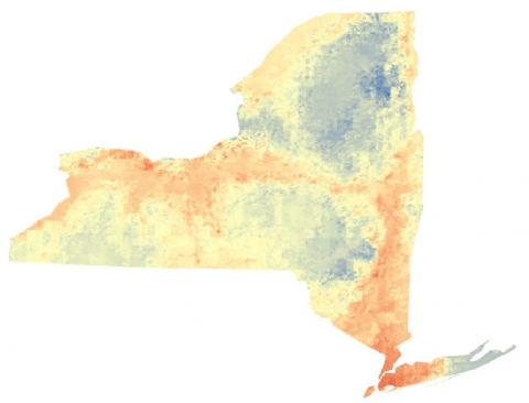 NASA satellite data provide a more detailed measure of local temperature variations across geographic areas with ground-based weather monitors. This image shows the maximum air temperature across New York State estimated using temperature data products from the NASA-sponsored North American Land Data Assimilation System. Credit: New York State Department of Health.