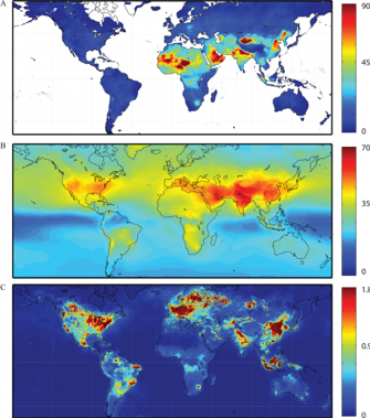 Pollutant concentrations used to estimate asthma impacts. (A) PM2.5 concentrations in 2015, (B) Ozone concentrations in 2015; and (C) NO2 concentrations in 2015.