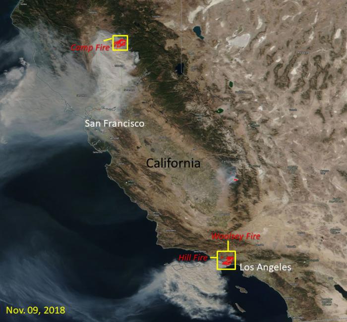 This November 2018 remote-sensing image shows the extent of the Camp Fire, Woolsey Fire and Hill Fire burning in California, where the red outlines with smoke indicate areas of active fire. The image was made possible the VIIRS instrument on board the Suo