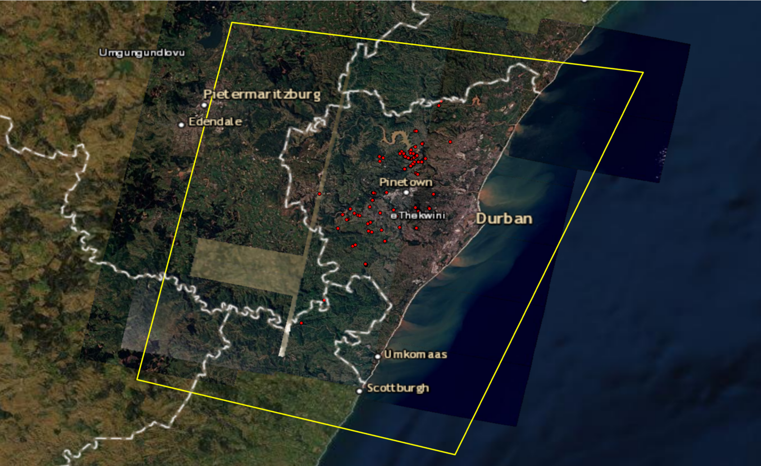 The NASA GSFC Landslides team used PlanetScope 3-meter imagery from before and after the heavy rainfall event to manually map 91 landslides around Durban, South Africa. PlanetScope imagery from April 14 and 15, 2022, is shown in the image above, with the location of potential landslides in red and the World Food Programme’s (WFP) area of interest in yellow. Credits: NASA, Planet Labs, WFP
